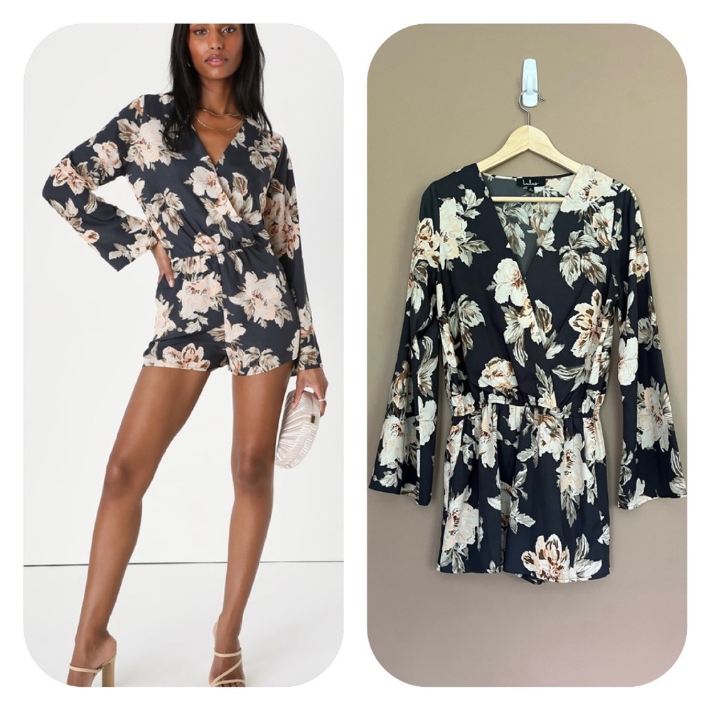 {Lulus} Prairie Daydream Floral Long Bell Sleeve Romper - Womens Small
